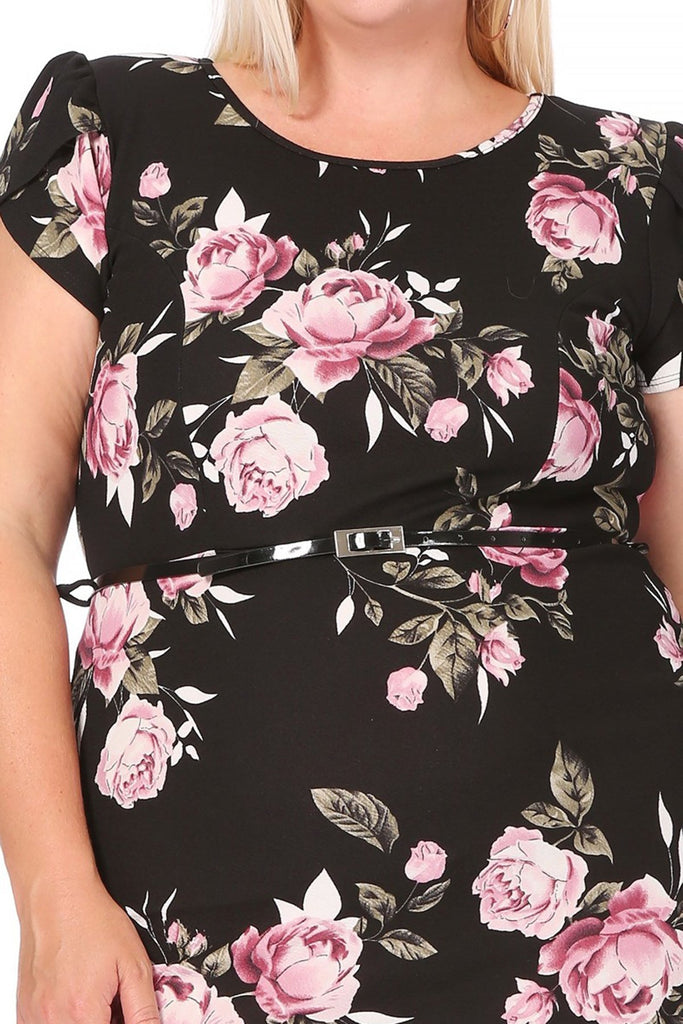 Women's Elegant Plus Size Floral Pencil Work Dresses Short Sleeve Round Neck with Belt FashionJOA