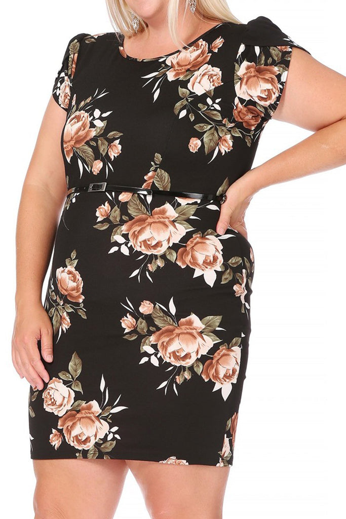 Women's Elegant Plus Size Floral Pencil Work Dresses Short Sleeve Round Neck with Belt FashionJOA