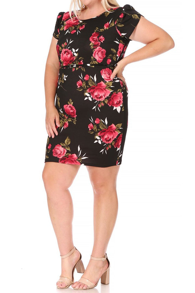 Women's Elegant Plus Size Floral Pencil Work Dresses Short Sleeve Round Neck with Belt FashionJOA