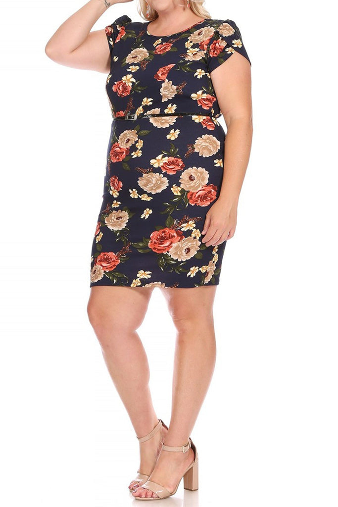 Women's Elegant Plus Size Floral Pencil Work Dresses Short Sleeve Round Neck with Belt FashionJOA