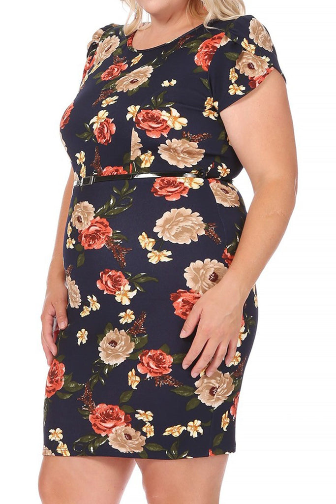 Women's Elegant Plus Size Floral Pencil Work Dresses Short Sleeve Round Neck with Belt FashionJOA