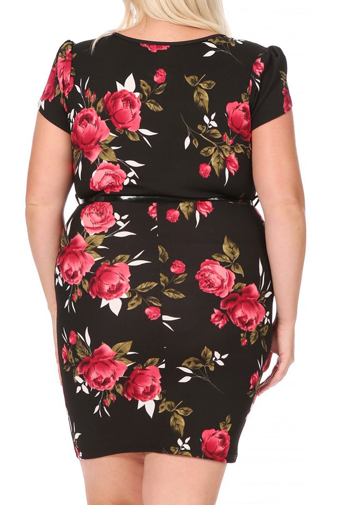 Women's Elegant Plus Size Floral Pencil Work Dresses Short Sleeve Round Neck with Belt FashionJOA