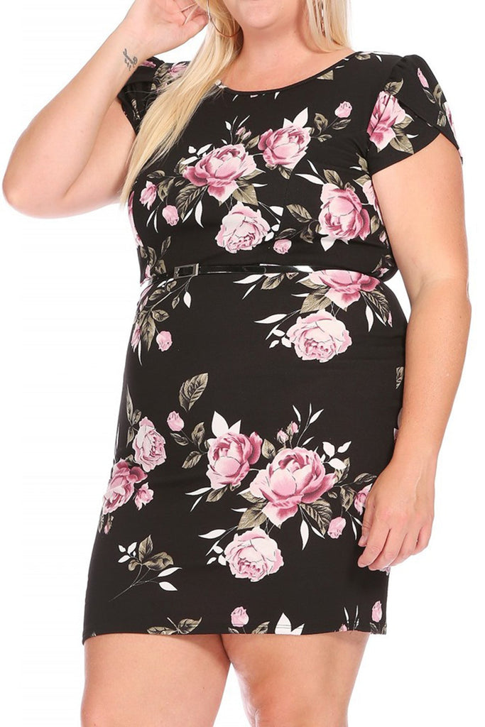 Women's Elegant Plus Size Floral Pencil Work Dresses Short Sleeve Round Neck with Belt FashionJOA