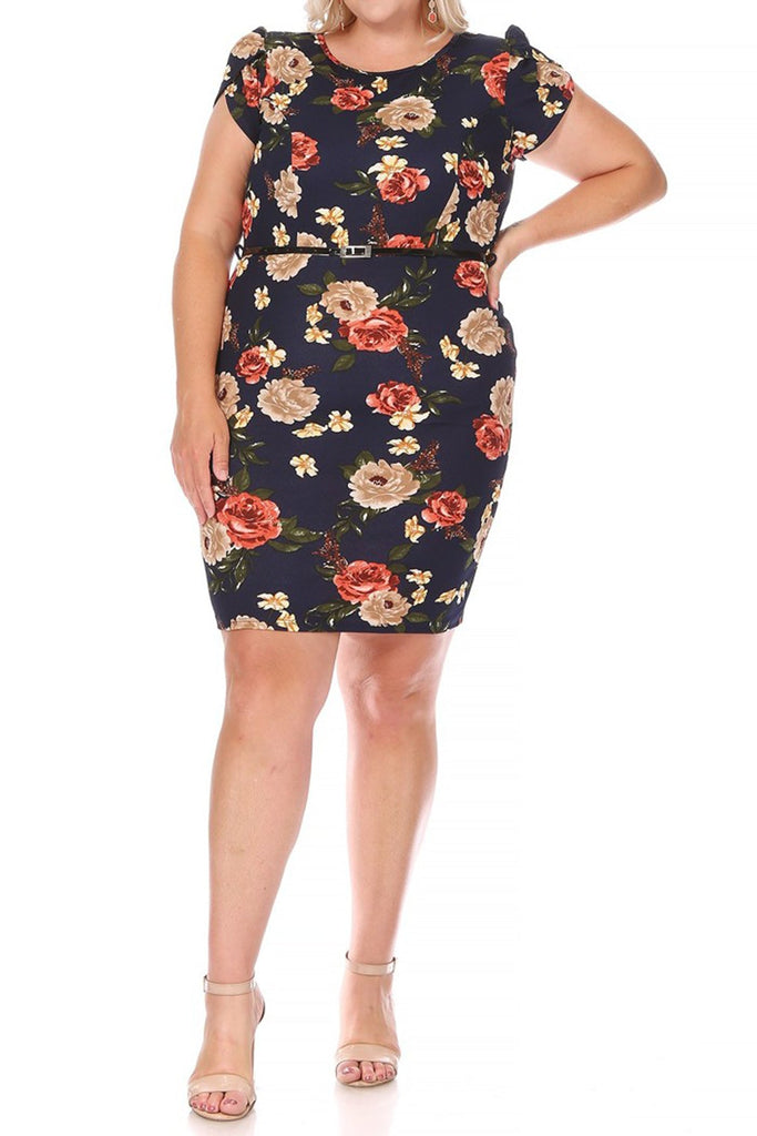 Women's Elegant Plus Size Floral Pencil Work Dresses Short Sleeve Round Neck with Belt FashionJOA