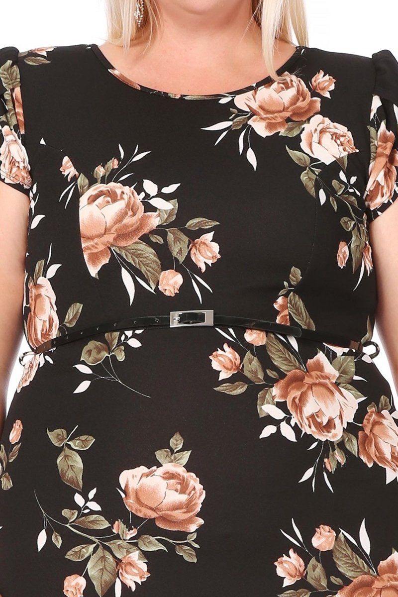 Women's Elegant Plus Size Floral Pencil Work Dresses Short Sleeve Roun