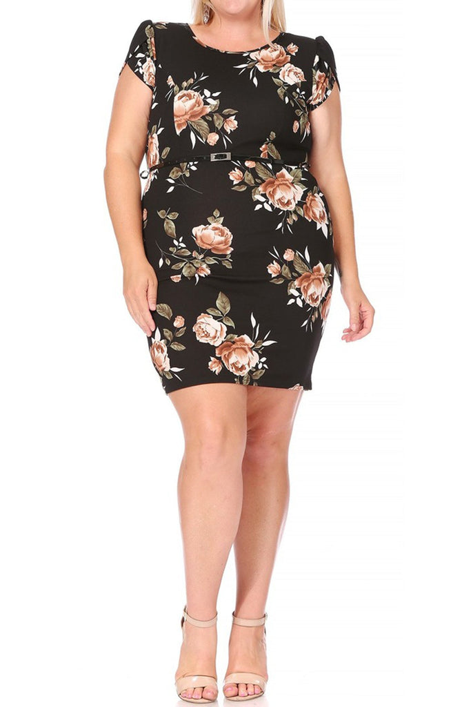 Women's Elegant Plus Size Floral Pencil Work Dresses Short Sleeve Round Neck with Belt FashionJOA