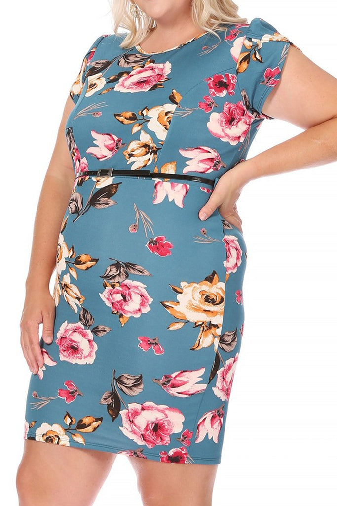 Women's Elegant Plus Size Floral Pencil Work Dresses Short Sleeve Round Neck with Belt FashionJOA