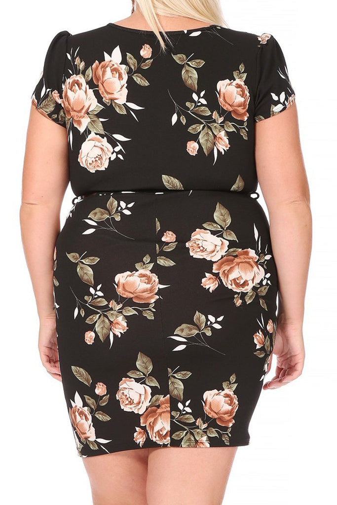 Women's Elegant Plus Size Floral Pencil Work Dresses Short Sleeve Round Neck with Belt FashionJOA