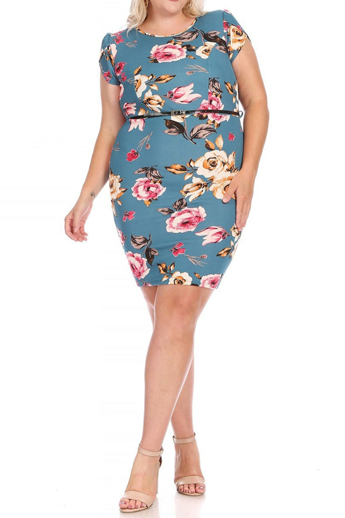 Women's Elegant Plus Size Floral Pencil Work Dresses Short Sleeve Round Neck with Belt FashionJOA