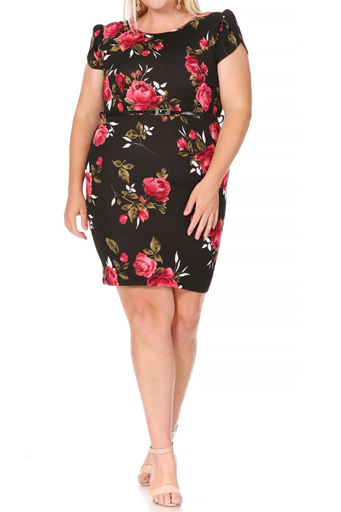 Women's Elegant Plus Size Floral Pencil Work Dresses Short Sleeve Round Neck with Belt FashionJOA