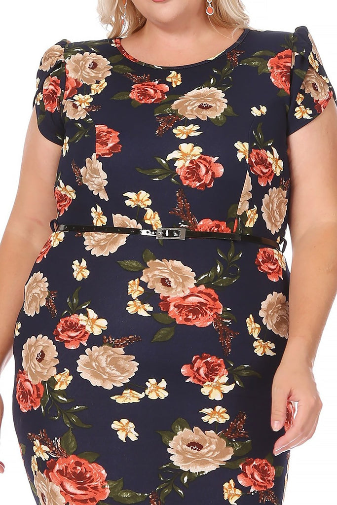 Women's Elegant Plus Size Floral Pencil Work Dresses Short Sleeve Round Neck with Belt FashionJOA