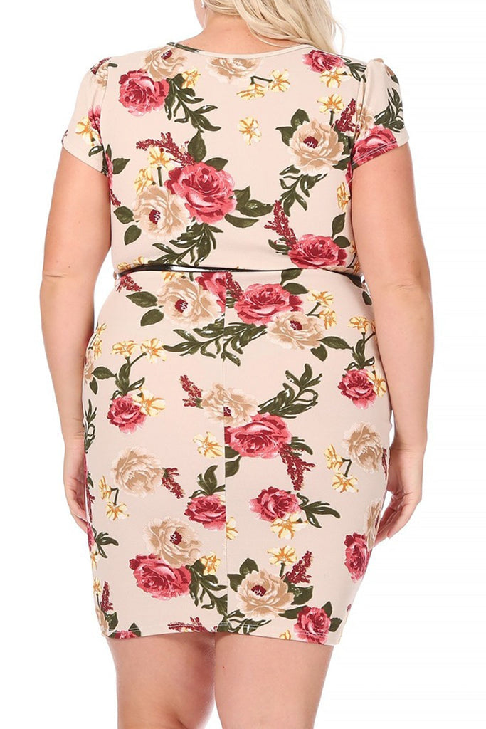 Women's Elegant Plus Size Floral Pencil Work Dresses Short Sleeve Round Neck with Belt FashionJOA