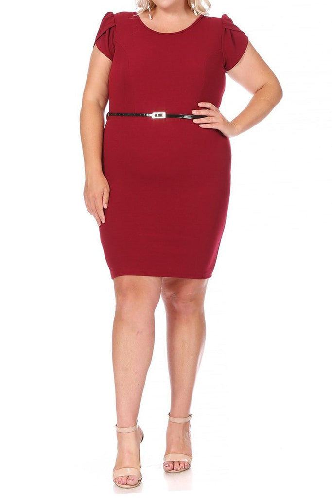 Women's Elegant Plus Size Solid Pencil Work Dresses Short Sleeve Round Neck with Belt FashionJOA