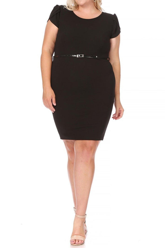 Women's Elegant Plus Size Solid Pencil Work Dresses Short Sleeve Round Neck with Belt FashionJOA