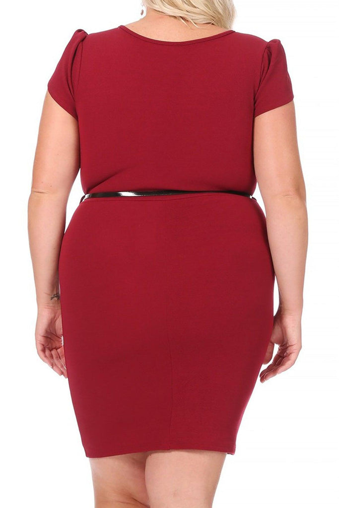 Women's Elegant Plus Size Solid Pencil Work Dresses Short Sleeve Round Neck with Belt FashionJOA