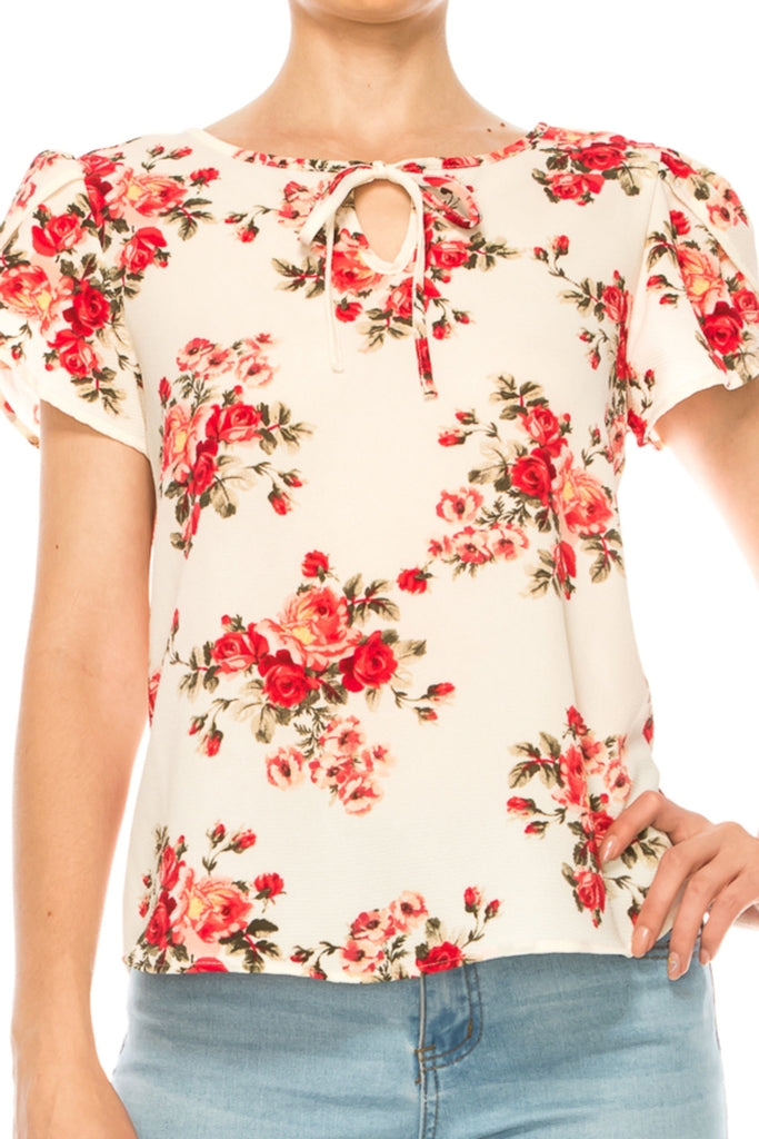 Women's Floral Pattern Short Sleeve Tunic Top Blouse FashionJOA