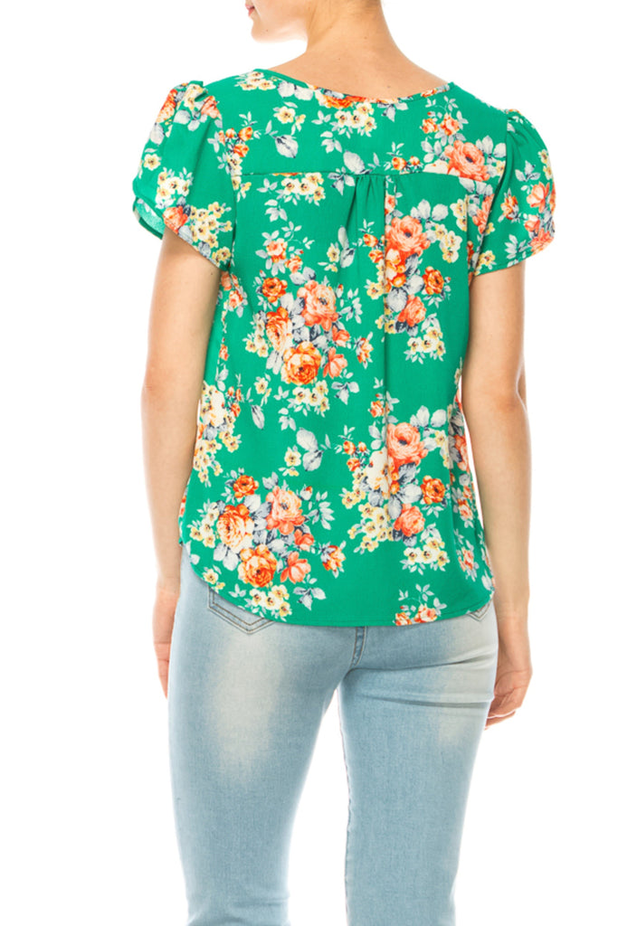 Women's Floral Pattern Short Sleeve Tunic Top Blouse FashionJOA