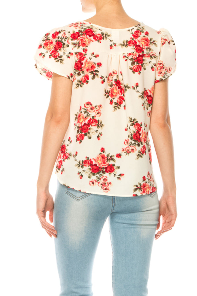 Women's Floral Pattern Short Sleeve Tunic Top Blouse FashionJOA