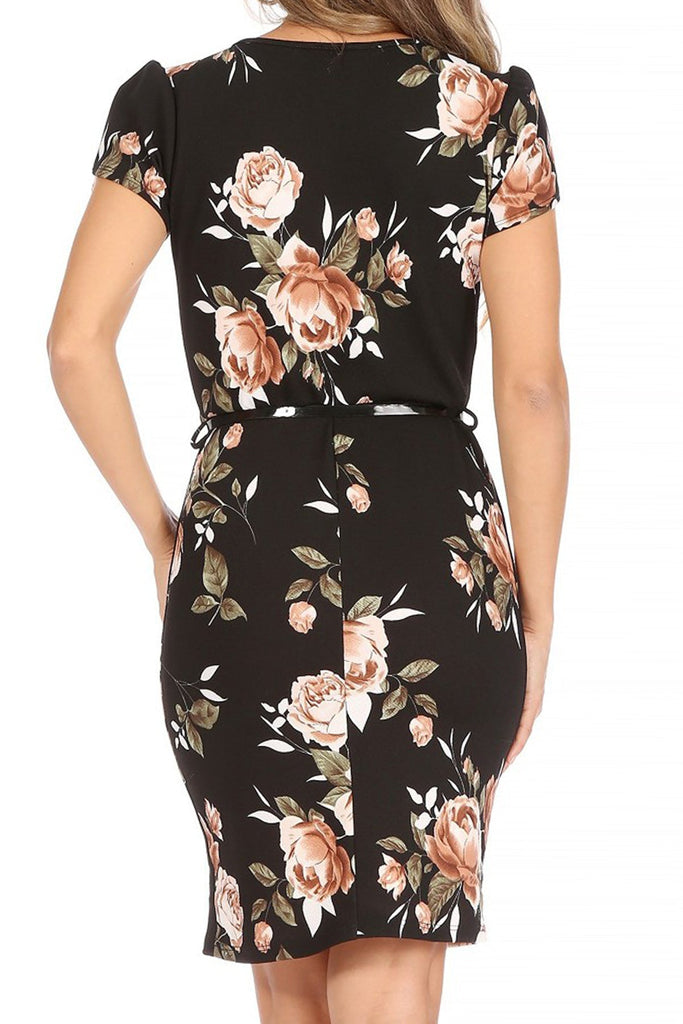 Women's Floral Puff Sleeves Midi Dress with Belt FashionJOA