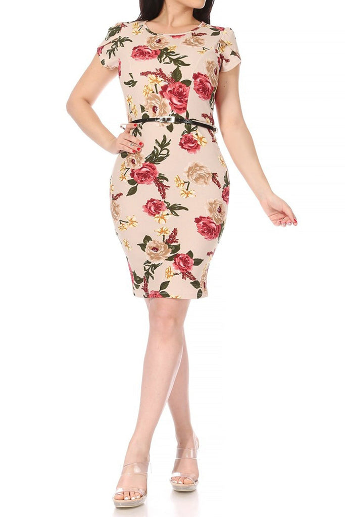 Women's Floral Puff Sleeves Midi Dress with Belt FashionJOA