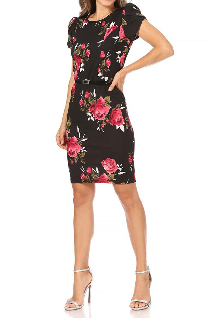 Women's Floral Puff Sleeves Midi Dress with Belt FashionJOA