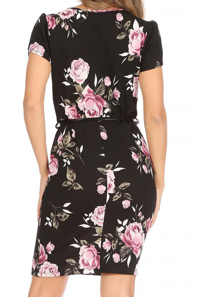 Women's Floral Puff Sleeves Midi Dress with Belt FashionJOA