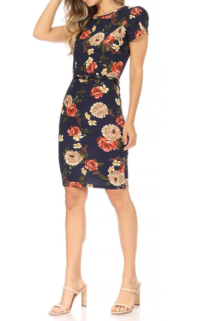 Women's Floral Puff Sleeves Midi Dress with Belt FashionJOA