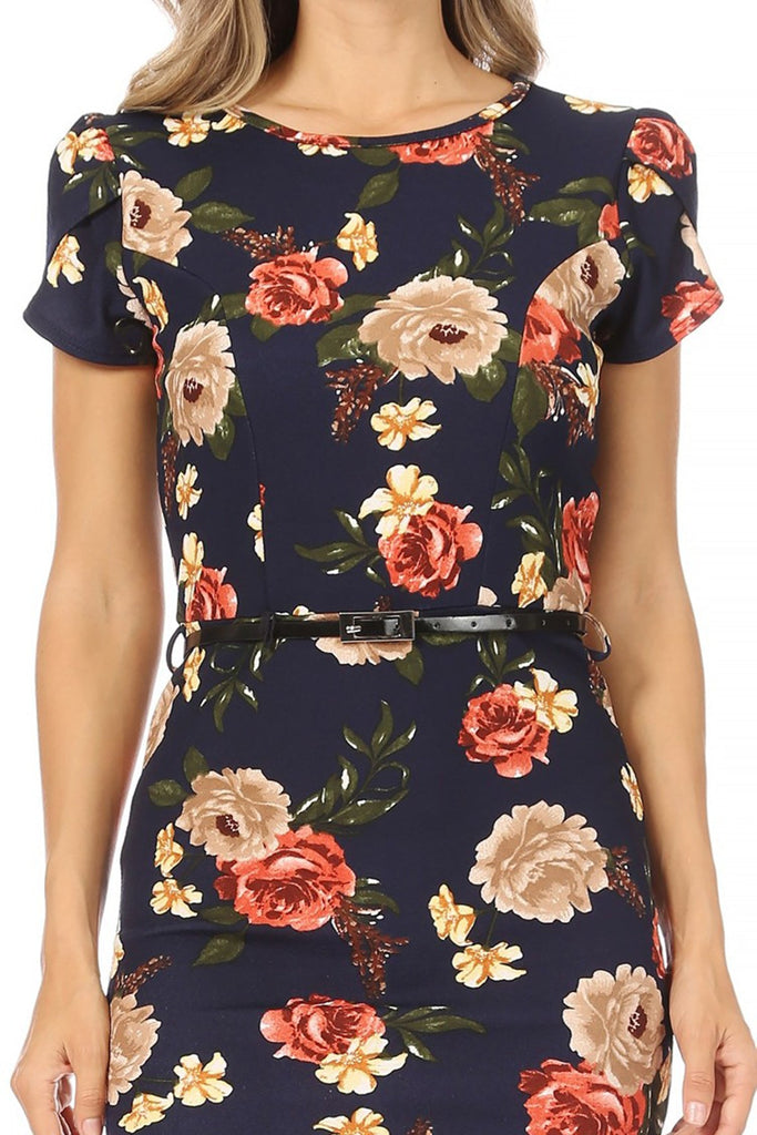 Women's Floral Puff Sleeves Midi Dress with Belt FashionJOA