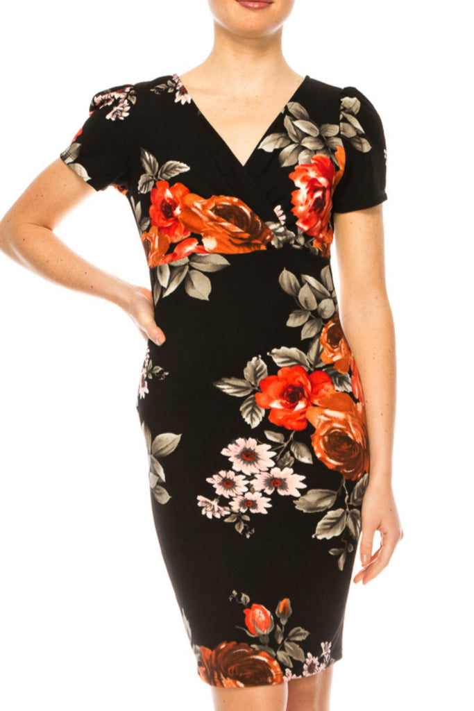 Women's Floral Sheath Dress with Deep V-Neckline and Puff Sleeves FashionJOA