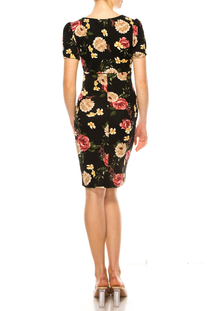 Women's Floral Sheath Dress with Deep V-Neckline and Puff Sleeves FashionJOA