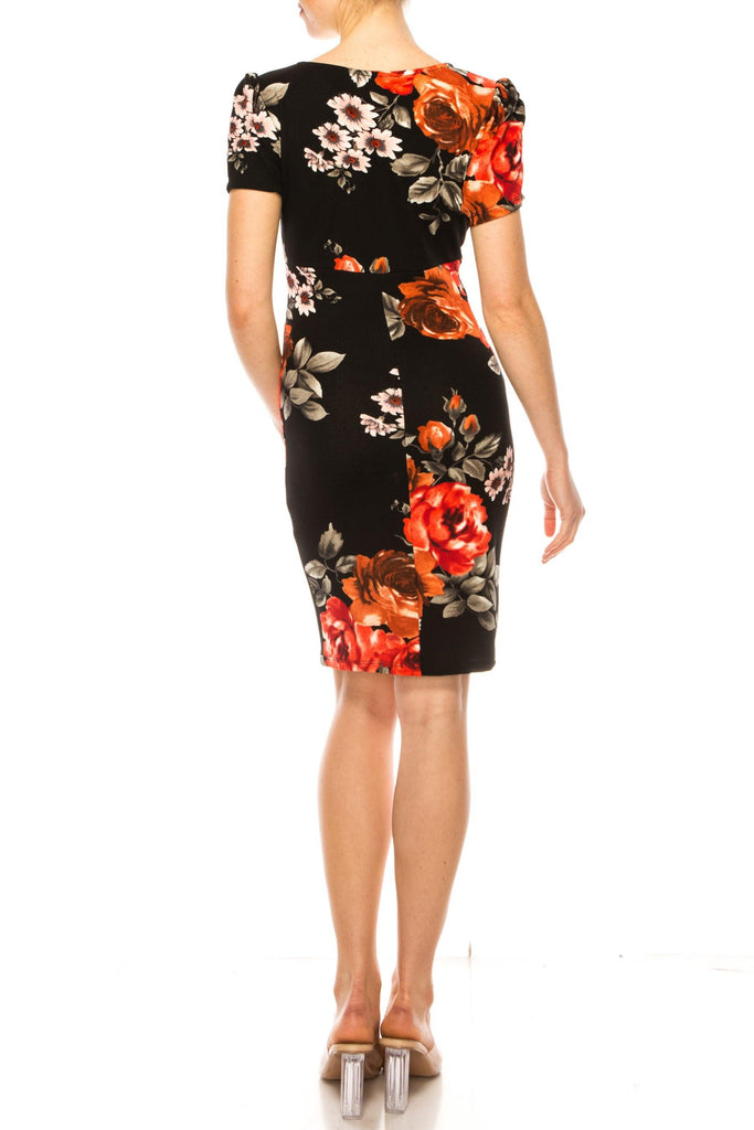 Women's Floral Sheath Dress with Deep V-Neckline and Puff Sleeves FashionJOA