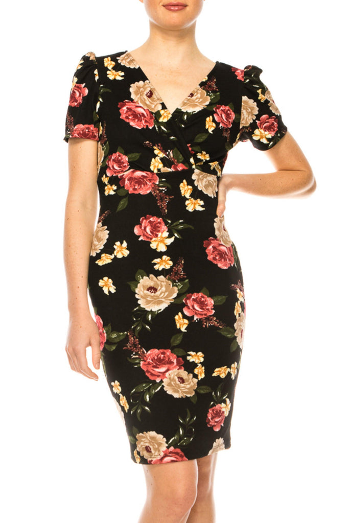 Women's Floral Sheath Dress with Deep V-Neckline and Puff Sleeves FashionJOA