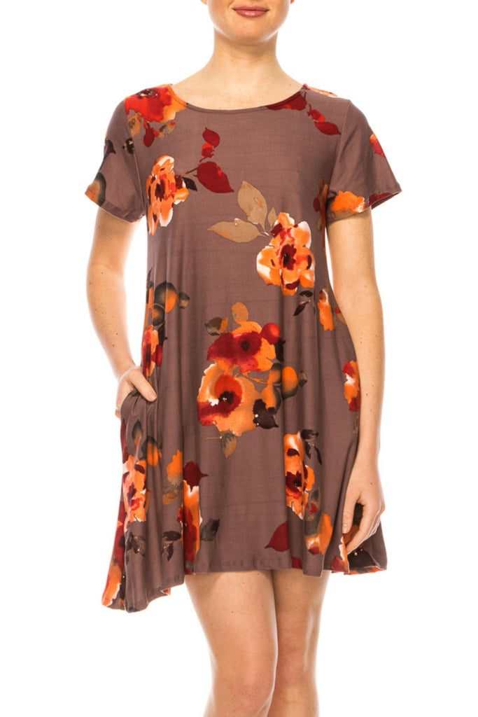 Women's Floral Short Sleeve Dress with Round Neckline and Side Pockets FashionJOA