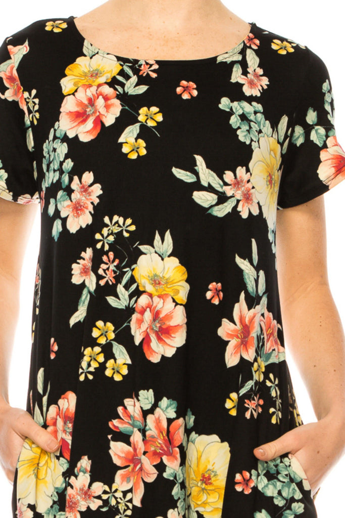 Women's Floral Short Sleeve Dress with Round Neckline and Side Pockets FashionJOA