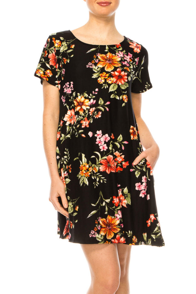 Women's Floral Short Sleeve Dress with Round Neckline and Side Pockets FashionJOA