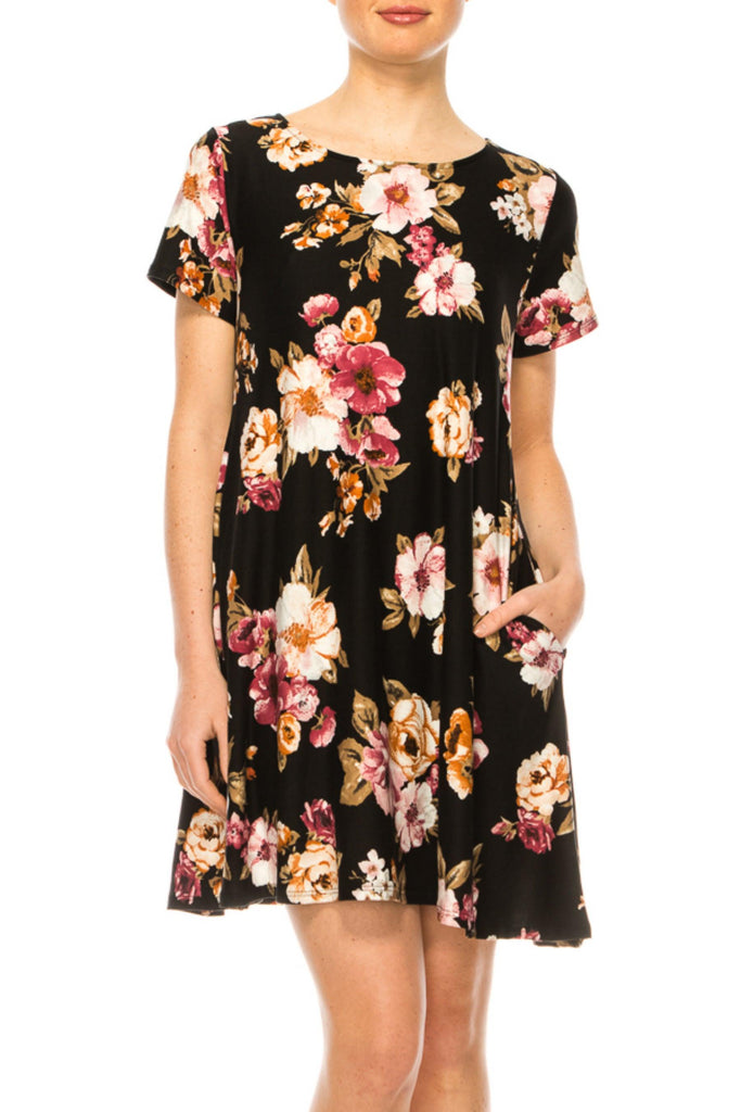 Women's Floral Short Sleeve Dress with Round Neckline and Side Pockets FashionJOA