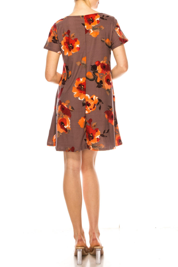 Women's Floral Short Sleeve Dress with Round Neckline and Side Pockets FashionJOA