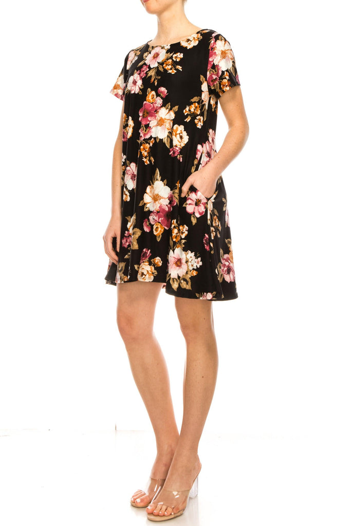 Women's Floral Short Sleeve Dress with Round Neckline and Side Pockets FashionJOA