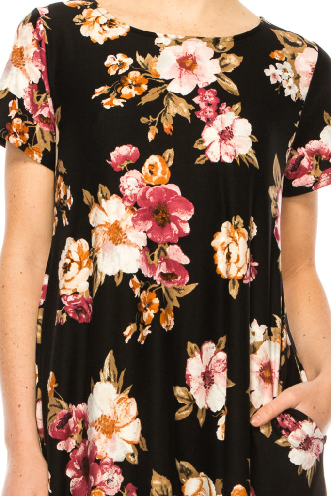 Women's Floral Short Sleeve Dress with Round Neckline and Side Pockets FashionJOA