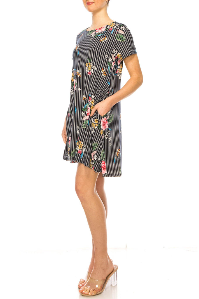 Women's Floral Short Sleeve Dress with Round Neckline and Side Pockets FashionJOA