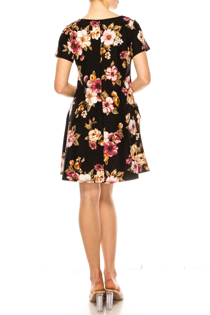 Women's Floral Short Sleeve Dress with Round Neckline and Side Pockets FashionJOA