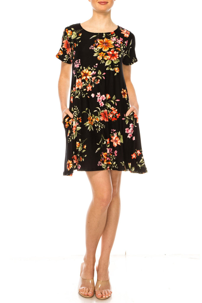 Women's Floral Short Sleeve Dress with Round Neckline and Side Pockets FashionJOA