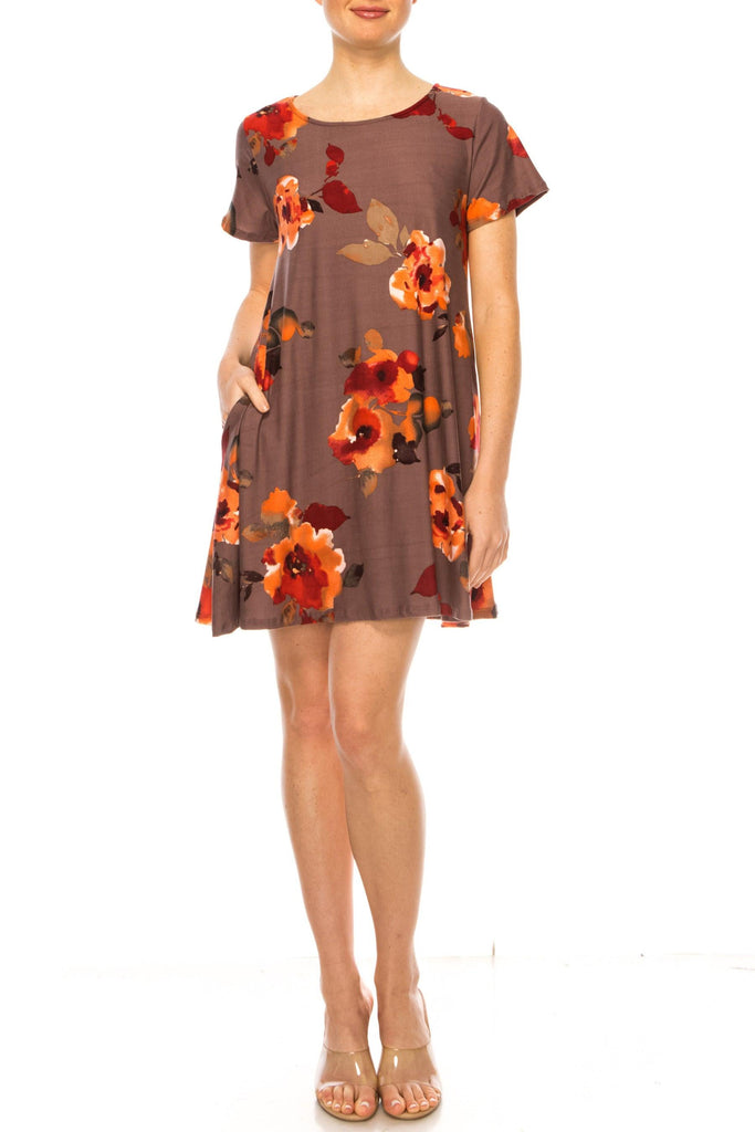 Women's Floral Short Sleeve Dress with Round Neckline and Side Pockets FashionJOA