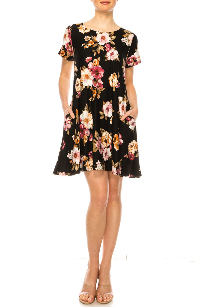 Women's Floral Short Sleeve Dress with Round Neckline and Side Pockets FashionJOA