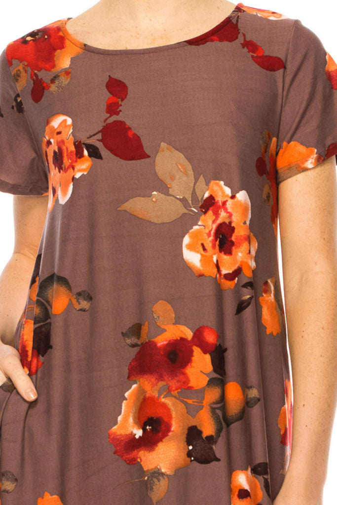 Women's Floral Short Sleeve Dress with Round Neckline and Side Pockets FashionJOA
