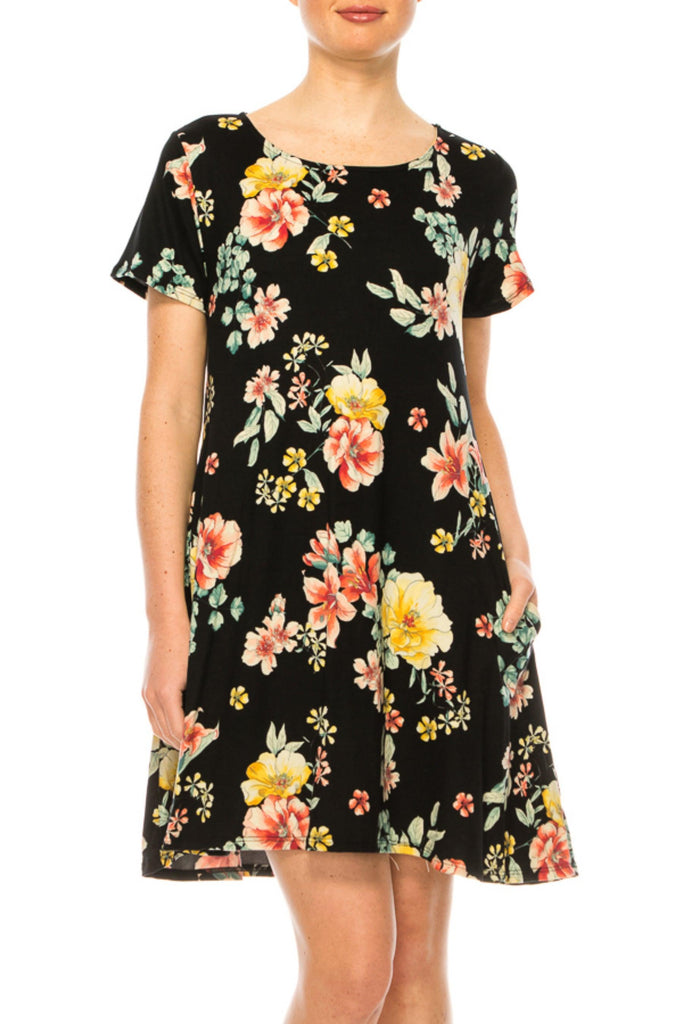 Women's Floral Short Sleeve Dress with Round Neckline and Side Pockets FashionJOA