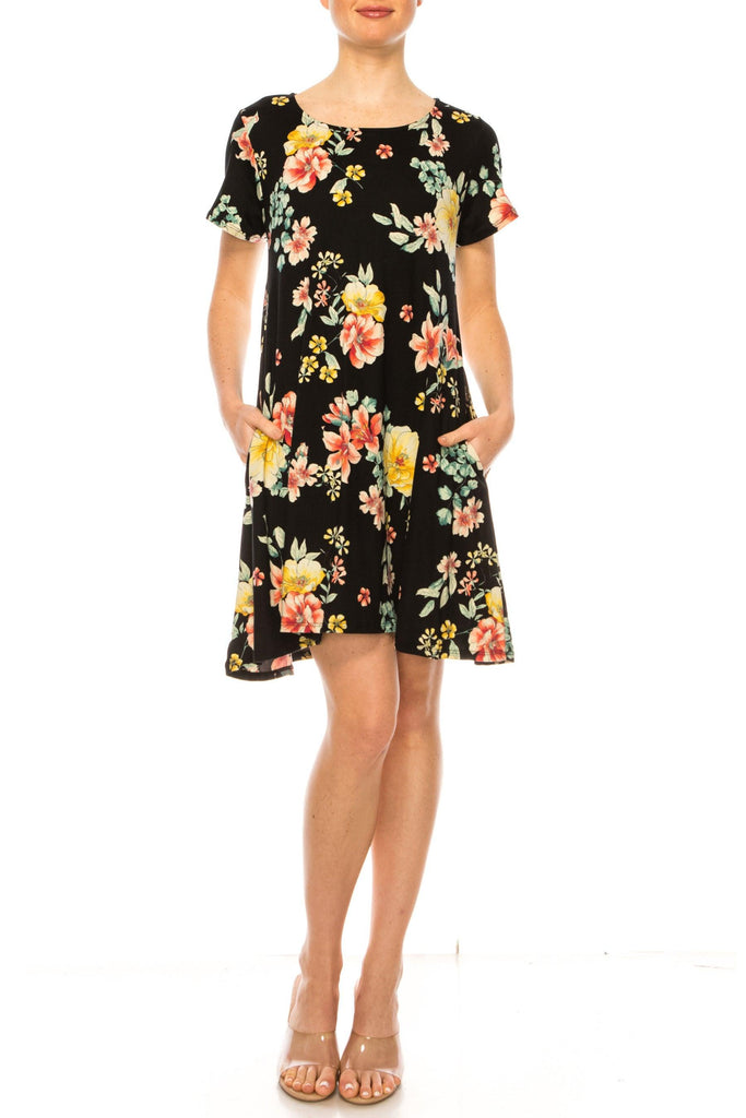 Women's Floral Short Sleeve Dress with Round Neckline and Side Pockets FashionJOA