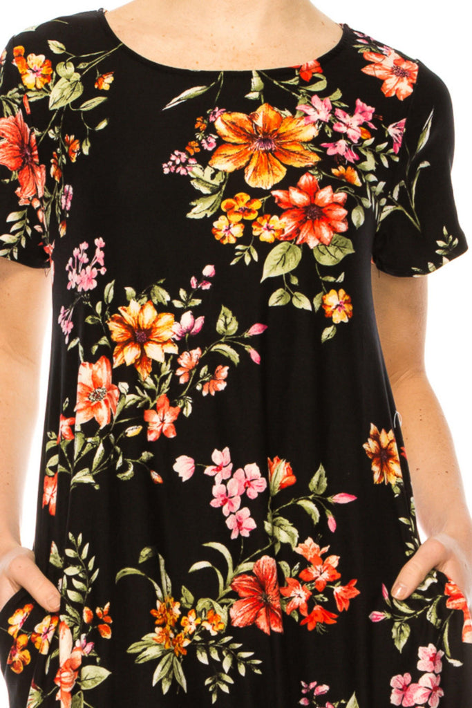 Women's Floral Short Sleeve Dress with Round Neckline and Side Pockets FashionJOA