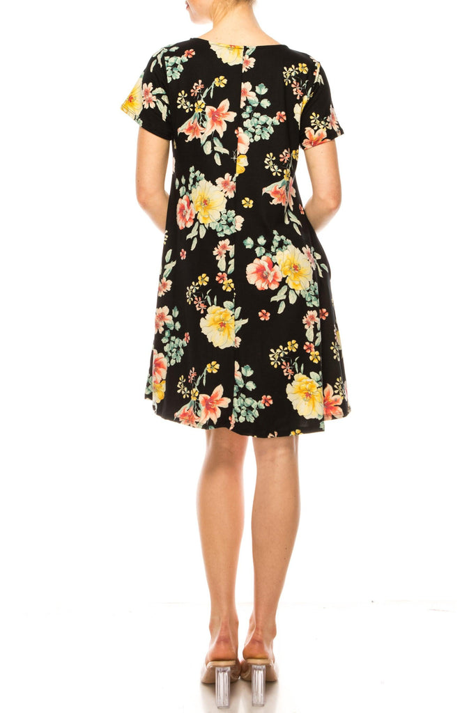 Women's Floral Short Sleeve Dress with Round Neckline and Side Pockets FashionJOA