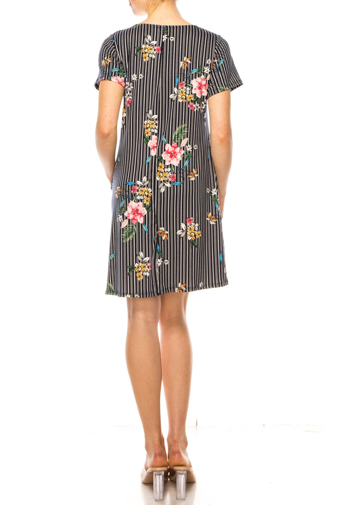 Women's Floral Short Sleeve Dress with Round Neckline and Side Pockets FashionJOA